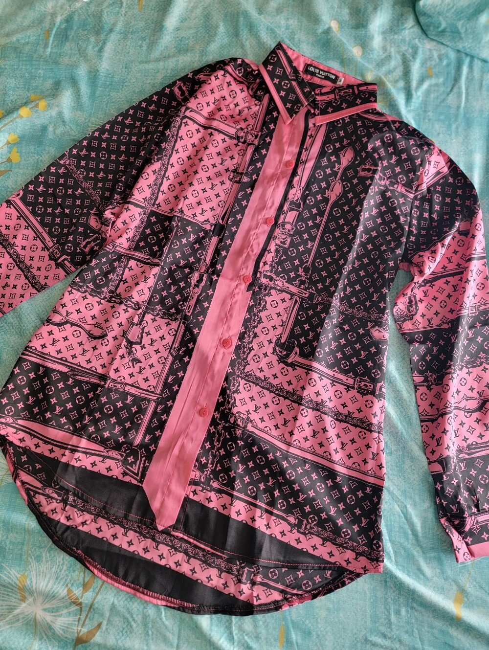 Last One! Stylish Casual Or Formal Pink & Black Logo Print Button-Up Blouse